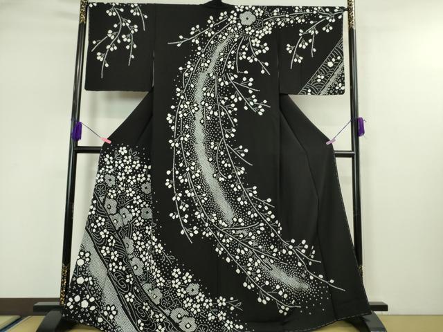 平和屋本店●極上 訪問着 絞り 枝垂れ花 舞花文 黒地 逸品 未使用 DZAA5212kh5