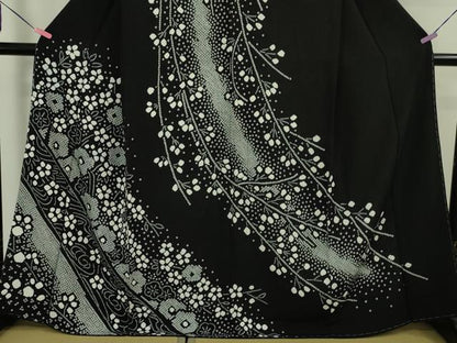 平和屋本店●極上 訪問着 絞り 枝垂れ花 舞花文 黒地 逸品 未使用 DZAA5212kh5