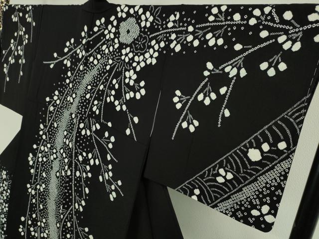 平和屋本店●極上 訪問着 絞り 枝垂れ花 舞花文 黒地 逸品 未使用 DZAA5212kh5