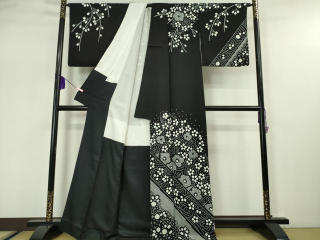 平和屋本店●極上 訪問着 絞り 枝垂れ花 舞花文 黒地 逸品 未使用 DZAA5212kh5
