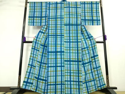 平和屋本店▽極上 小紋 単衣 格子 反端付き 逸品 DZAA5215kh5