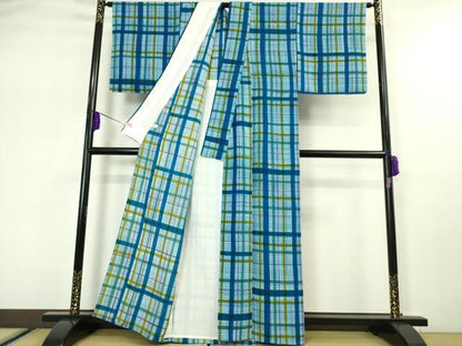 平和屋本店▽極上 小紋 単衣 格子 反端付き 逸品 DZAA5215kh5