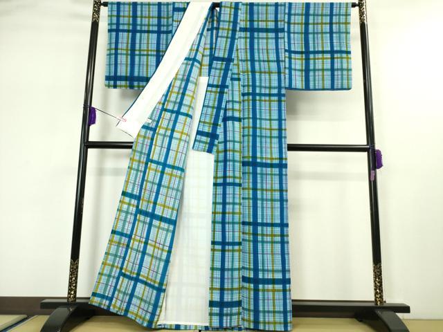 平和屋本店▽極上 小紋 単衣 格子 反端付き 逸品 DZAA5215kh5