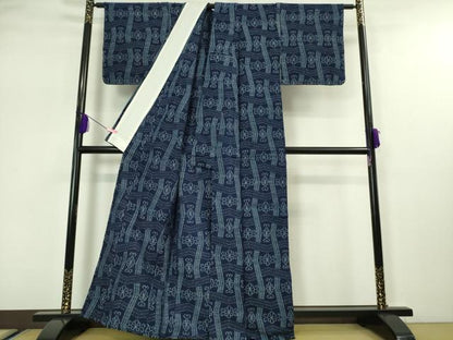 平和屋本店■極上　伝統正藍　中尾公子　久留米絣　単衣　綿　花格子　証紙付き　逸品　未使用　DZAA5218kh5