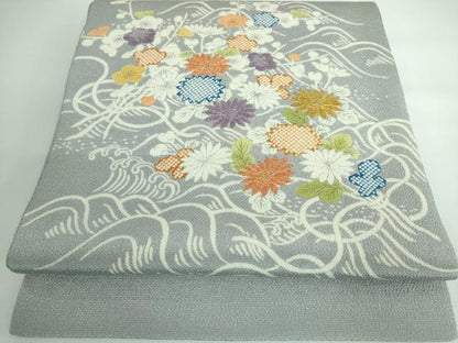 平和屋本店■極上　九寸開き名古屋帯　刺繍　御所解花文　鬼しぼ縮緬　逸品　DZAA5271kh5