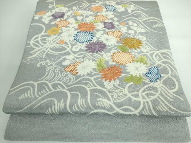 平和屋本店■極上　九寸開き名古屋帯　刺繍　御所解花文　鬼しぼ縮緬　逸品　DZAA5271kh5