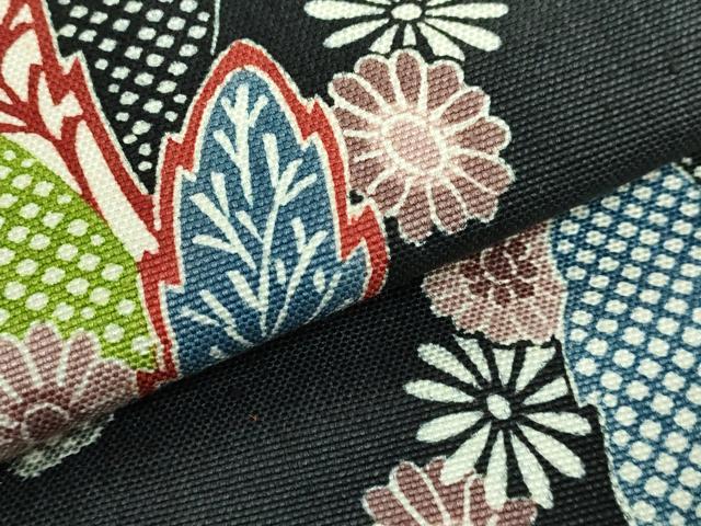 平和屋本店●極上 和染紅型 栗山紅型 栗山吉三郎 八寸名古屋帯 紬地 草花文 黒地 逸品 DZAA5281kh5