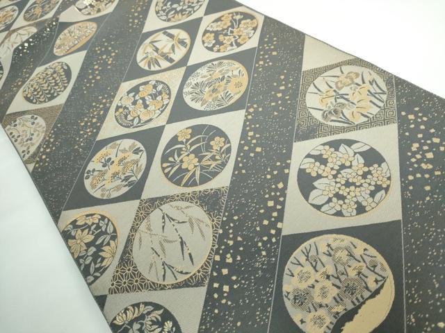 平和屋本店●極上 本場筑前博多織 草木染 手織工房 染匠：小森久 両面 全通柄袋帯 菱丸紋 金糸 逸品 DZAA5285kh5