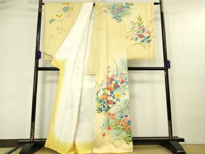 平和屋本店■極上　本加賀友禅作家　矢田博　訪問着　草花文　淡黄地　暈し染め　金彩　逸品　DZAA5345kh5