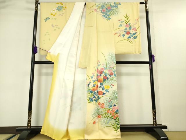 平和屋本店■極上　本加賀友禅作家　矢田博　訪問着　草花文　淡黄地　暈し染め　金彩　逸品　DZAA5345kh5