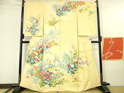 平和屋本店■極上　本加賀友禅作家　矢田博　訪問着　草花文　淡黄地　暈し染め　金彩　逸品　DZAA5345kh5
