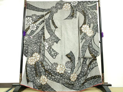 平和屋本店■極上　振袖　総絞り　駒刺繍　束ね熨斗花文　黒地　金糸　逸品　DZAA5349kh5