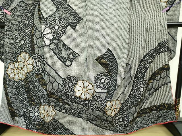 平和屋本店■極上　振袖　総絞り　駒刺繍　束ね熨斗花文　黒地　金糸　逸品　DZAA5349kh5