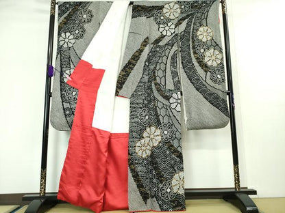 平和屋本店■極上　振袖　総絞り　駒刺繍　束ね熨斗花文　黒地　金糸　逸品　DZAA5349kh5
