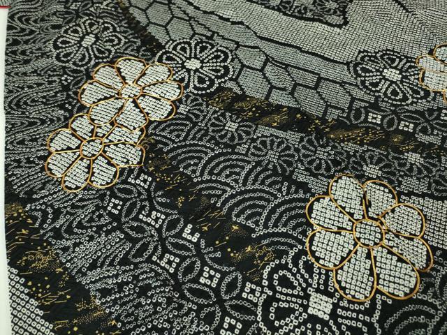 平和屋本店■極上　振袖　総絞り　駒刺繍　束ね熨斗花文　黒地　金糸　逸品　DZAA5349kh5