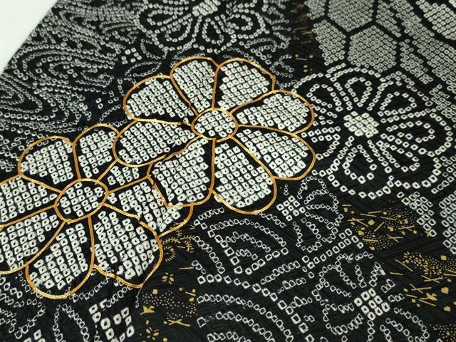 平和屋本店■極上　振袖　総絞り　駒刺繍　束ね熨斗花文　黒地　金糸　逸品　DZAA5349kh5