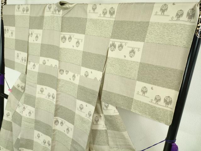 平和屋本店▽極上 結城紬・長襦袢(無双仕立て)セット 単衣 京友禅 ふくろう 梟 証紙付き 逸品 未使用 DZAA5355kh5