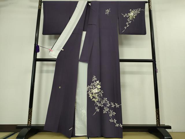 平和屋着物▽極上 本加賀友禅作家 小田美知代 訪問着 単衣 枝花文 深紫色地 染の近江謹製 逸品 DZAA5362kh6