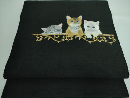 平和屋本店●極上 八寸名古屋帯 手刺繍 総刺繍 猫 黒地 逸品 DZAA5473kh5