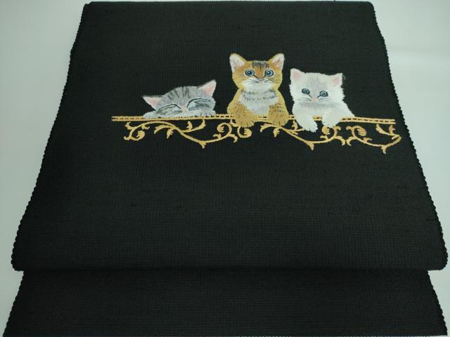 平和屋本店●極上 八寸名古屋帯 手刺繍 総刺繍 猫 黒地 逸品 DZAA5473kh5