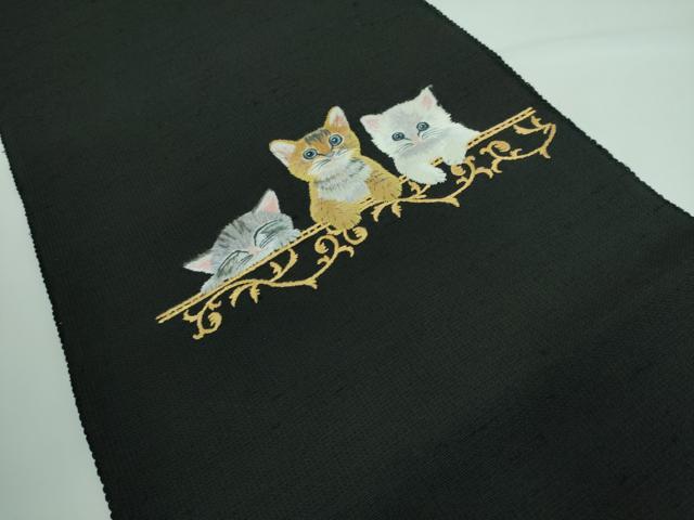 平和屋本店●極上 八寸名古屋帯 手刺繍 総刺繍 猫 黒地 逸品 DZAA5473kh5