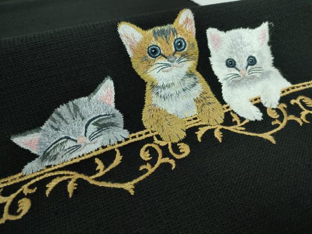 平和屋本店●極上 八寸名古屋帯 手刺繍 総刺繍 猫 黒地 逸品 DZAA5473kh5