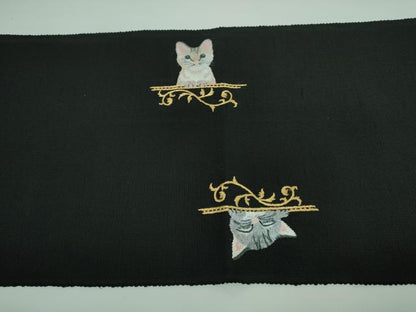 平和屋本店●極上 八寸名古屋帯 手刺繍 総刺繍 猫 黒地 逸品 DZAA5473kh5