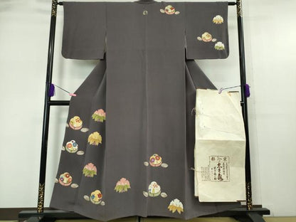 平和屋本店■極上　銀座　志ま亀　訪問着　椿　笹　藤煤竹色地　金彩　鬼しぼ縮緬　たとう紙付き　逸品　DZAA5539kh5