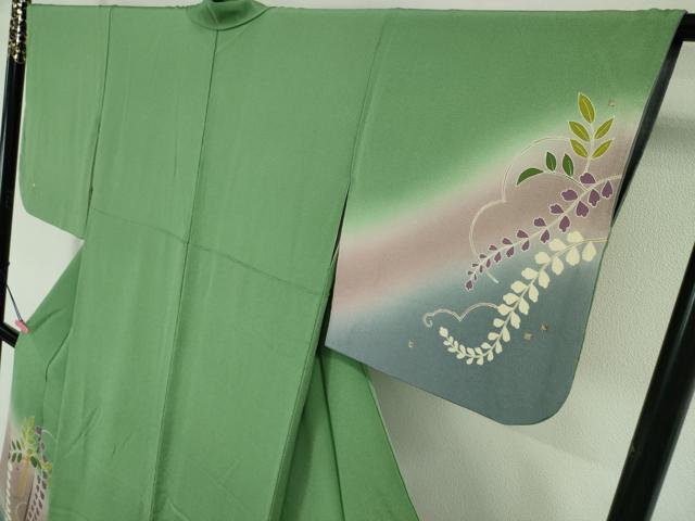 平和屋本店●極上 人形作家・ホリヒロシ 訪問着 藤花房 薄緑色地 暈し染め 鬼しぼ縮緬 逸品 DZAA5543kh5
