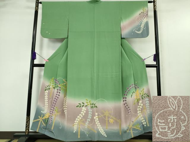 平和屋本店●極上 人形作家・ホリヒロシ 訪問着 藤花房 薄緑色地 暈し染め 鬼しぼ縮緬 逸品 DZAA5543kh5