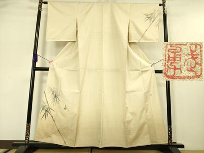 平和屋本店▽極上 伝統工芸士 曽根武勇 訪問着 紬地 単衣 笹竹に雀 手描き 暈し染め 金通し地 逸品 未使用 DZAA5553kh5