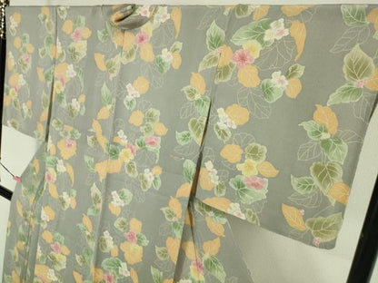 平和屋本店▽極上 小紋 単衣 草花文 錫色地 鬼しぼ縮緬 逸品 DZAA5566kh5