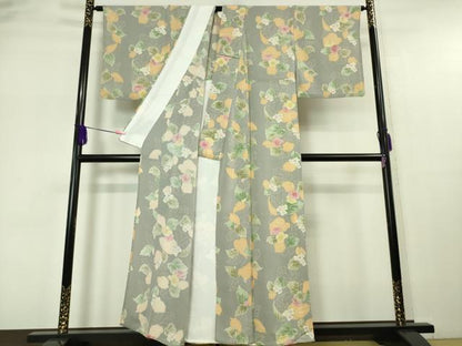 平和屋本店▽極上 小紋 単衣 草花文 錫色地 鬼しぼ縮緬 逸品 DZAA5566kh5