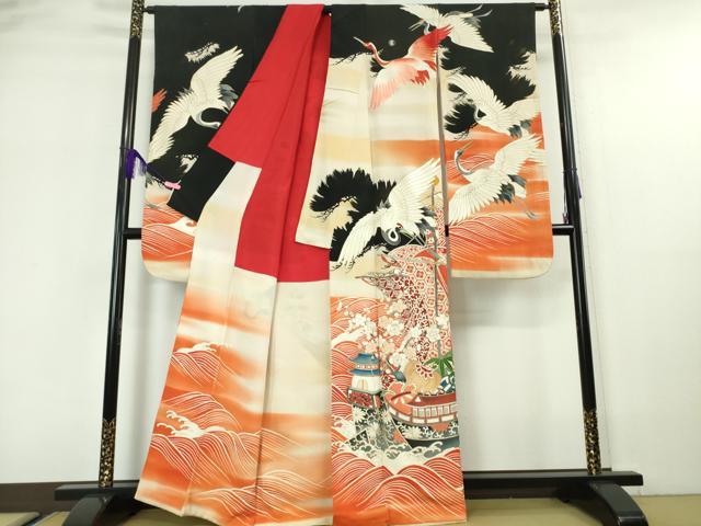 平和屋本店■極上　アンティーク　大正ロマン　振袖　刺繍　飛鶴　宝船　黒地　金彩　逸品　DZAA5586kh5 平和屋本店○極上 アンティーク 大正ロマン 振袖 刺繍 飛鶴 宝船 黒地