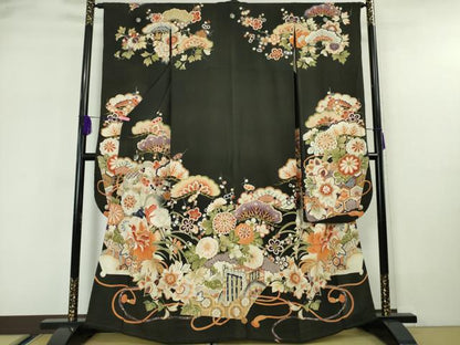 平和屋本店■極上　アンティーク　大正ロマン　振袖　駒刺繍　御所車吉祥花文　黒地　金彩　逸品　DZAA5587kh5