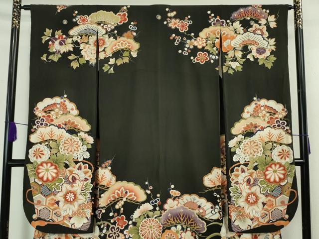 平和屋本店■極上　アンティーク　大正ロマン　振袖　駒刺繍　御所車吉祥花文　黒地　金彩　逸品　DZAA5587kh5