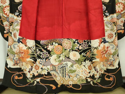 平和屋本店■極上　アンティーク　大正ロマン　振袖　駒刺繍　御所車吉祥花文　黒地　金彩　逸品　DZAA5587kh5