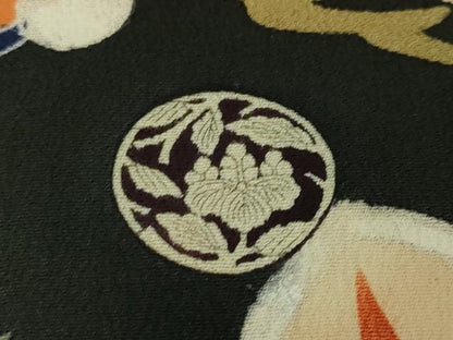 平和屋本店■極上　アンティーク　大正ロマン　振袖　駒刺繍　御所車吉祥花文　黒地　金彩　逸品　DZAA5587kh5