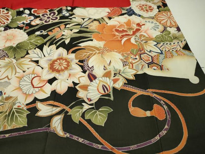 平和屋本店■極上　アンティーク　大正ロマン　振袖　駒刺繍　御所車吉祥花文　黒地　金彩　逸品　DZAA5587kh5