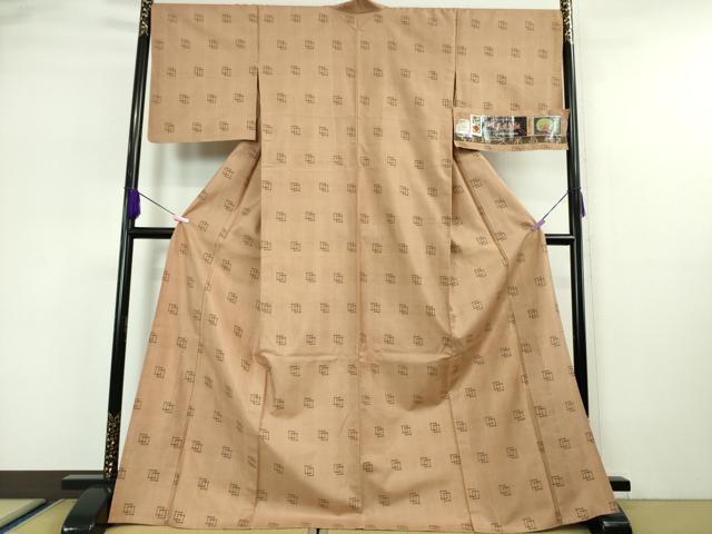 平和屋本店■極上　国指定重要無形文化財　本場久米島紬　単衣　高坂エミ子作　手織　赤白橡色地　証紙付き　逸品　DZAA5594kh5
