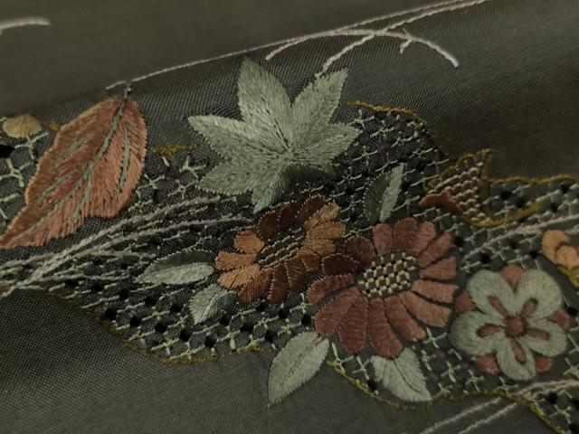 平和屋着物●極上　中国三大刺繍　スワトウ刺繍　汕頭刺繍　相良刺繍　本場大島紬　訪問着　総刺繍　吹寄せ花文　黒地　逸品　DZAA5607kh6