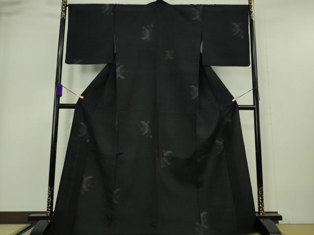 平和屋本店▽極上 結城紬 単衣 80亀甲 飛び亀甲柄 三日月 花 濃紺地 逸品 未使用 DZAA5612kh5