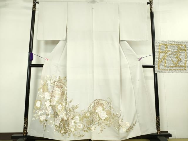 平和屋本店●極上 ブライダルファッションデザイナー・桂由美 色留袖 刺繍 吉祥花文 白梅鼠色地 金銀彩 逸品 未使用 DZAA5615kh5