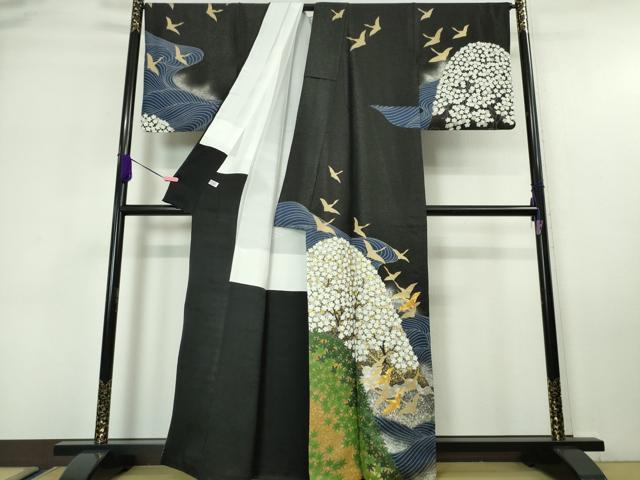 平和屋本店■極上　訪問着　駒刺繍　立波飛鶴文　黒地　金銀彩　銀通し地　逸品　DZAA5749kh5