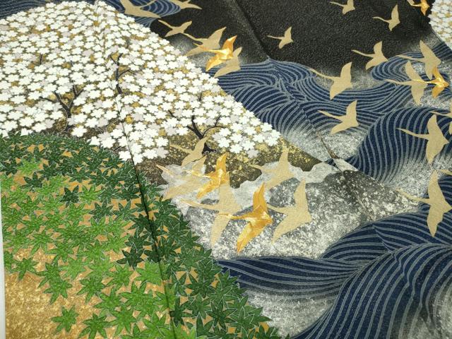 平和屋本店■極上　訪問着　駒刺繍　立波飛鶴文　黒地　金銀彩　銀通し地　逸品　DZAA5749kh5