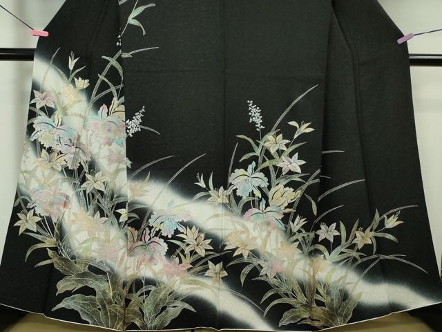 平和屋本店■極上　訪問着　草花文　暈し染め　黒地　金銀彩　銀通し地　逸品　DZAA5760kh5