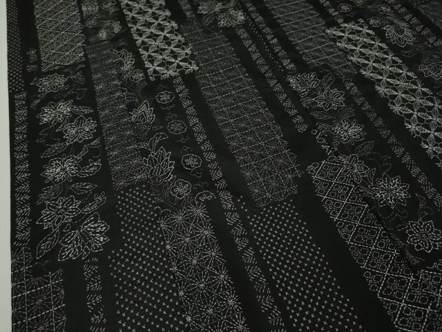 平和屋本店■極上　本場縞大島紬　刺し子　総刺繍　名物裂花文　黒地　証紙付き　逸品　DZAA5770kh5