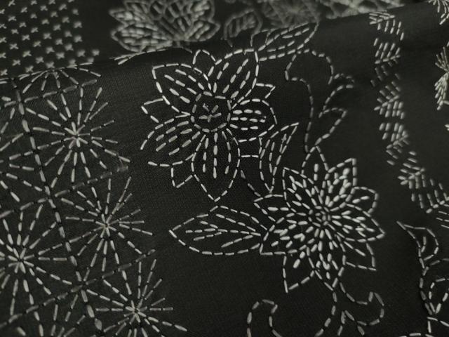 平和屋本店■極上　本場縞大島紬　刺し子　総刺繍　名物裂花文　黒地　証紙付き　逸品　DZAA5770kh5