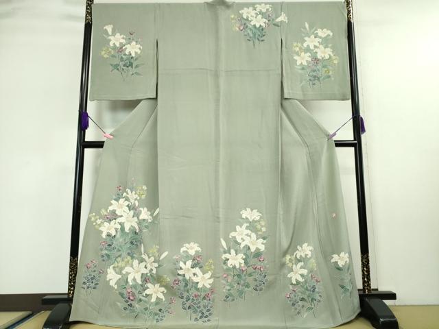 平和屋本店▽極上　訪問着　単衣　友禅　作家物　百合　枝花文　金彩　鬼しぼ縮緬　ロング丈　逸品　DZAA5774kh5