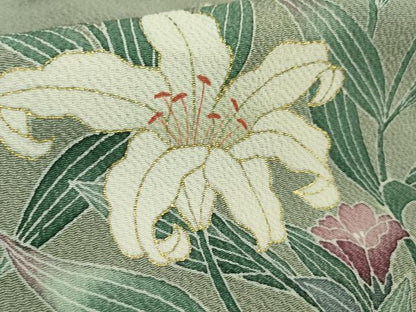 平和屋本店▽極上　訪問着　単衣　友禅　作家物　百合　枝花文　金彩　鬼しぼ縮緬　ロング丈　逸品　DZAA5774kh5